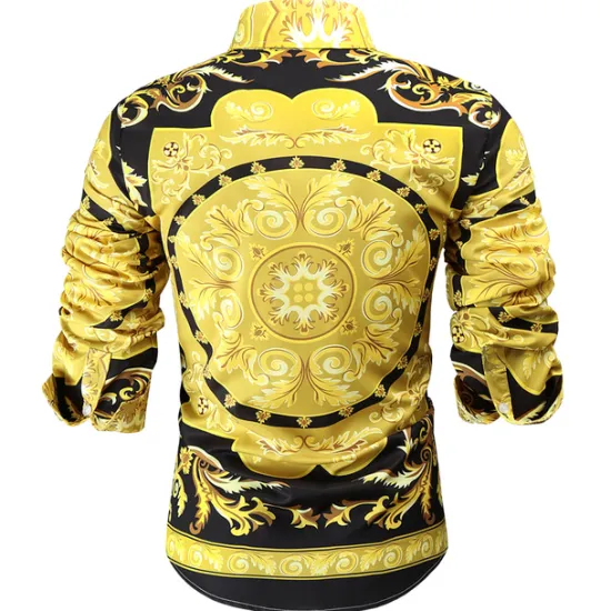 Hot OUKU Men's Shirt Prom Shirt Geometric Holiday Beach Yellow Orange Gold Long Sleeve Classic Collar Spring & Fall Clothing Apparel Print