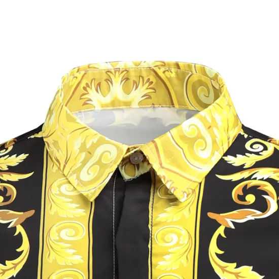 Hot OUKU Men's Shirt Prom Shirt Geometric Holiday Beach Yellow Orange Gold Long Sleeve Classic Collar Spring & Fall Clothing Apparel Print