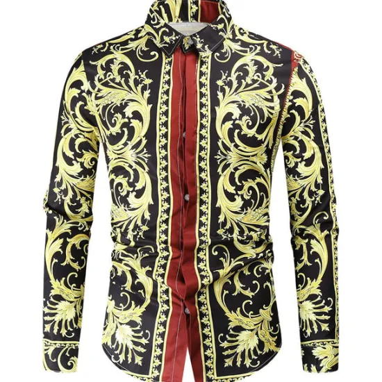 Hot OUKU Men's Shirt Prom Shirt Geometric Holiday Beach Yellow Orange Gold Long Sleeve Classic Collar Spring & Fall Clothing Apparel Print