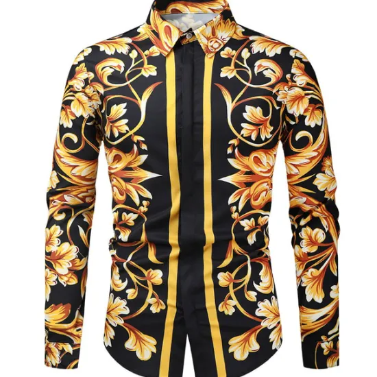 Hot OUKU Men's Shirt Prom Shirt Geometric Holiday Beach Yellow Orange Gold Long Sleeve Classic Collar Spring & Fall Clothing Apparel Print