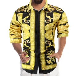 Hot OUKU Men's Shirt Prom Shirt Geometric Holiday Beach Yellow Orange Gold Long Sleeve Classic Collar Spring & Fall Clothing Apparel Print