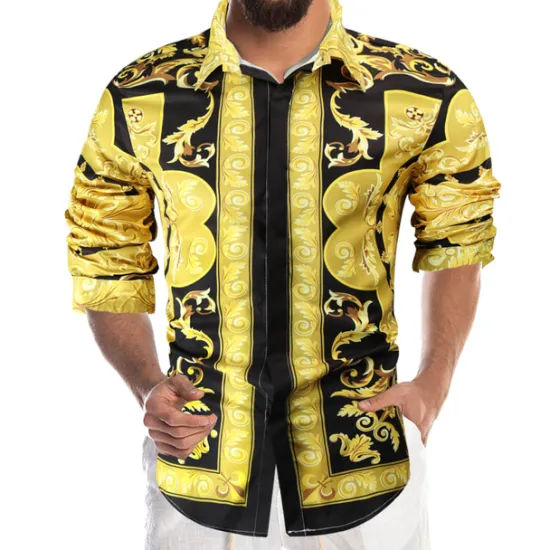 Hot OUKU Men's Shirt Prom Shirt Geometric Holiday Beach Yellow Orange Gold Long Sleeve Classic Collar Spring & Fall Clothing Apparel Print