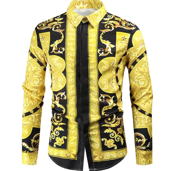 Hot OUKU Men's Shirt Prom Shirt Geometric Holiday Beach Yellow Orange Gold Long Sleeve Classic Collar Spring & Fall Clothing Apparel Print