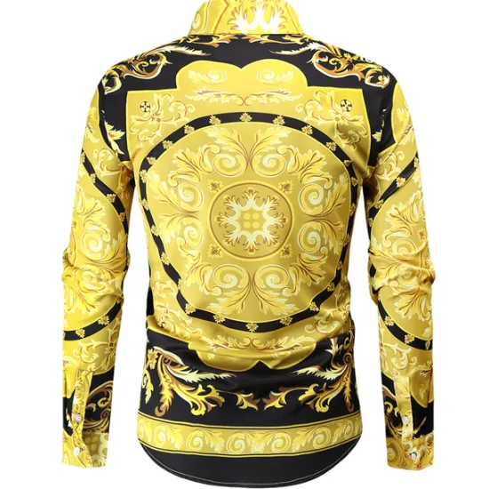 Hot OUKU Men's Shirt Prom Shirt Geometric Holiday Beach Yellow Orange Gold Long Sleeve Classic Collar Spring & Fall Clothing Apparel Print