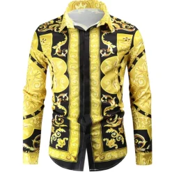 Hot OUKU Men's Shirt Prom Shirt Geometric Holiday Beach Yellow Orange Gold Long Sleeve Classic Collar Spring & Fall Clothing Apparel Print