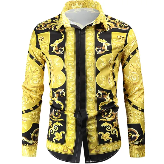 Hot OUKU Men's Shirt Prom Shirt Geometric Holiday Beach Yellow Orange Gold Long Sleeve Classic Collar Spring & Fall Clothing Apparel Print