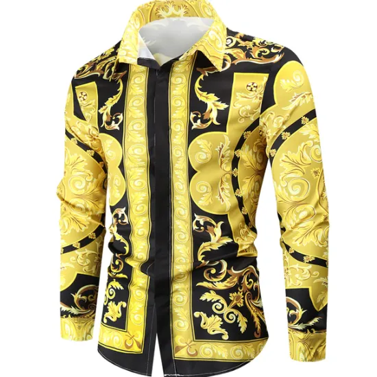 Hot OUKU Men's Shirt Prom Shirt Geometric Holiday Beach Yellow Orange Gold Long Sleeve Classic Collar Spring & Fall Clothing Apparel Print