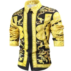 Hot OUKU Men's Shirt Prom Shirt Geometric Holiday Beach Yellow Orange Gold Long Sleeve Classic Collar Spring & Fall Clothing Apparel Print