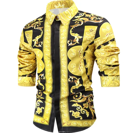 Hot OUKU Men's Shirt Prom Shirt Geometric Holiday Beach Yellow Orange Gold Long Sleeve Classic Collar Spring & Fall Clothing Apparel Print