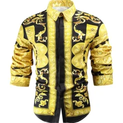 Hot OUKU Men's Shirt Prom Shirt Geometric Holiday Beach Yellow Orange Gold Long Sleeve Classic Collar Spring & Fall Clothing Apparel Print