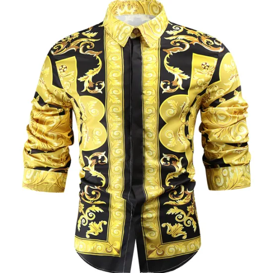 Hot OUKU Men's Shirt Prom Shirt Geometric Holiday Beach Yellow Orange Gold Long Sleeve Classic Collar Spring & Fall Clothing Apparel Print