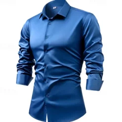 Outlet OUKU Men's Shirt Satin Shirt Casual Shirt Button Up Shirt Plain Wedding Vacation Black Red Royal Blue Green Long Sleeve Collar Fall Spring & Summer Clothing Apparel