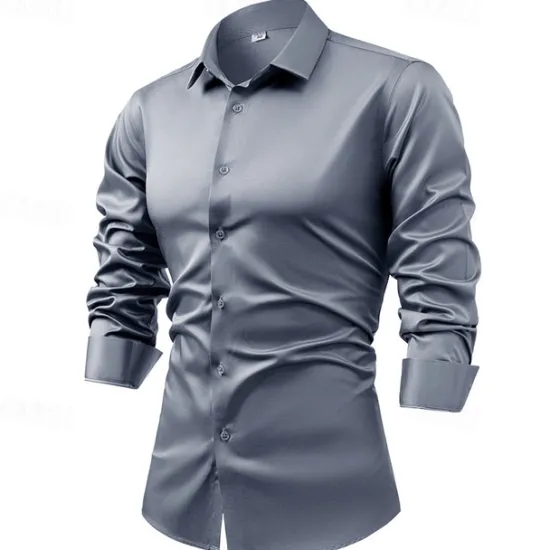 Outlet OUKU Men's Shirt Satin Shirt Casual Shirt Button Up Shirt Plain Wedding Vacation Black Red Royal Blue Green Long Sleeve Collar Fall Spring & Summer Clothing Apparel