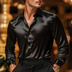 OUKU Men's Shirt Satin Shirt Casual Shirt Button Up Shirt Plain Wedding Vacation Black White Wine Navy Blue Long Sleeve Lapel Spring & Fall Clothing Apparel