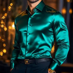 OUKU Men's Shirt Satin Shirt Casual Shirt Button Up Shirt Plain Wedding Vacation Black White Wine Navy Blue Long Sleeve Lapel Spring & Fall Clothing Apparel