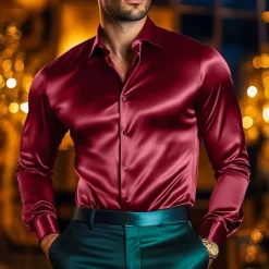 OUKU Men's Shirt Satin Shirt Casual Shirt Button Up Shirt Plain Wedding Vacation Black White Wine Navy Blue Long Sleeve Lapel Spring & Fall Clothing Apparel