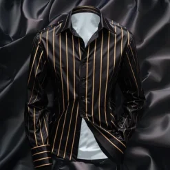 New OUKU Men's Shirt Satin Shirt Casual Shirt Striped Shirt Button Up Shirt Striped Wedding Vacation Black Navy Blue Green Long Sleeve Collar Spring & Fall Clothing Apparel