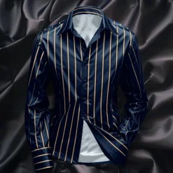 New OUKU Men's Shirt Satin Shirt Casual Shirt Striped Shirt Button Up Shirt Striped Wedding Vacation Black Navy Blue Green Long Sleeve Collar Spring & Fall Clothing Apparel