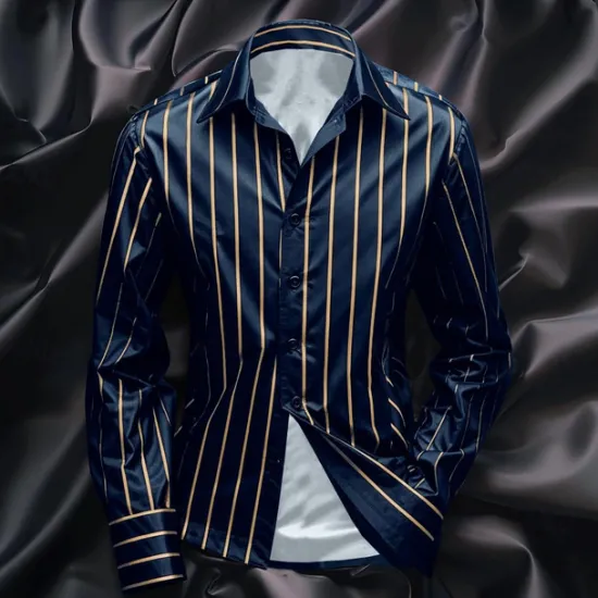 New OUKU Men's Shirt Satin Shirt Casual Shirt Striped Shirt Button Up Shirt Striped Wedding Vacation Black Navy Blue Green Long Sleeve Collar Spring & Fall Clothing Apparel