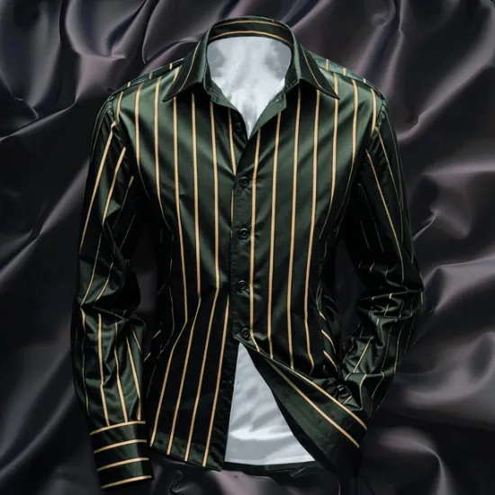 New OUKU Men's Shirt Satin Shirt Casual Shirt Striped Shirt Button Up Shirt Striped Wedding Vacation Black Navy Blue Green Long Sleeve Collar Spring & Fall Clothing Apparel