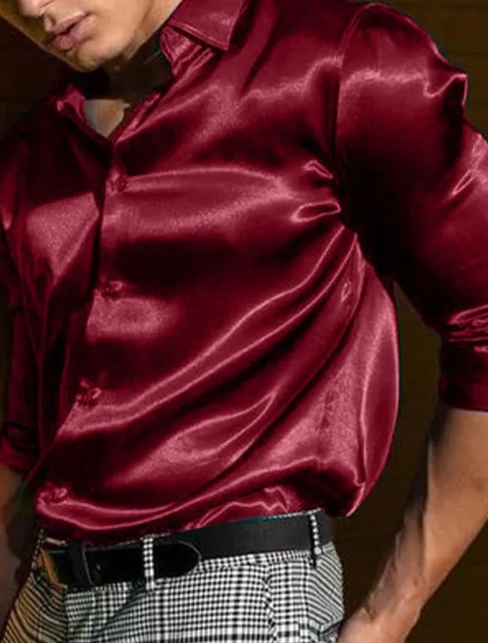 OUKU Men's Shirt Satin Shirt Casual Shirt Button Up Shirt Plain Wedding Vacation Black White Blue Red Long Sleeve Lapel Spring & Summer Clothing Apparel