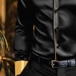 New OUKU Men's Shirt Satin Shirt Casual Shirt Button Up Shirt Disco Shirt Patchwork Performance Wedding Black White Wine Green Long Sleeve Lapel Spring & Fall Clothing Apparel Patchwork