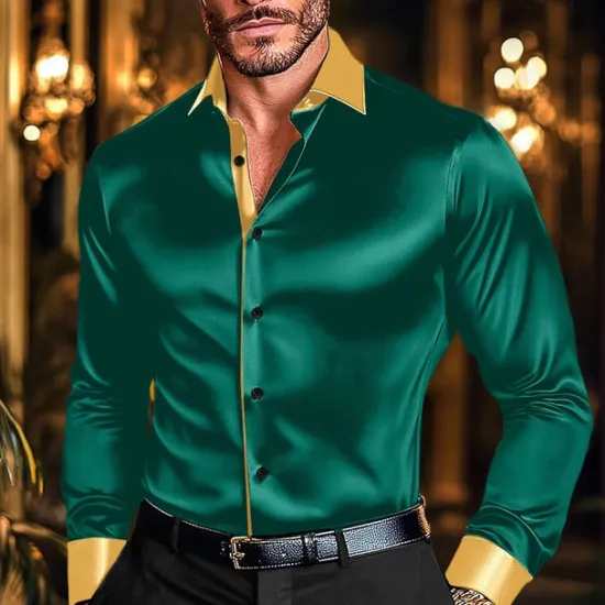 New OUKU Men's Shirt Satin Shirt Casual Shirt Button Up Shirt Disco Shirt Patchwork Performance Wedding Black White Wine Green Long Sleeve Lapel Spring & Fall Clothing Apparel Patchwork
