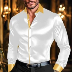 New OUKU Men's Shirt Satin Shirt Casual Shirt Button Up Shirt Disco Shirt Patchwork Performance Wedding Black White Wine Green Long Sleeve Lapel Spring & Fall Clothing Apparel Patchwork
