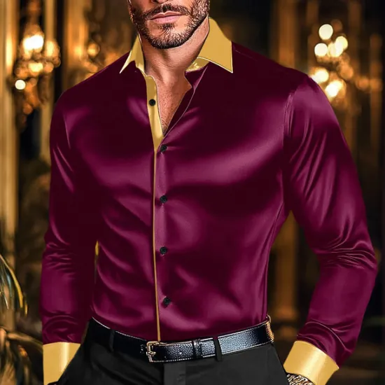 New OUKU Men's Shirt Satin Shirt Casual Shirt Button Up Shirt Disco Shirt Patchwork Performance Wedding Black White Wine Green Long Sleeve Lapel Spring & Fall Clothing Apparel Patchwork