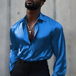 New OUKU Men's Shirt Satin Shirt Casual Shirt Button Up Shirt Plain Wedding Vacation Black White Wine Blue Long Sleeve Lapel Spring & Fall Clothing Apparel Buttons