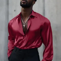New OUKU Men's Shirt Satin Shirt Casual Shirt Button Up Shirt Plain Wedding Vacation Black White Wine Blue Long Sleeve Lapel Spring & Fall Clothing Apparel Buttons