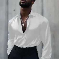 New OUKU Men's Shirt Satin Shirt Casual Shirt Button Up Shirt Plain Wedding Vacation Black White Wine Blue Long Sleeve Lapel Spring & Fall Clothing Apparel Buttons