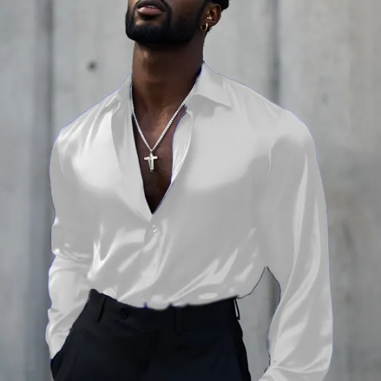 New OUKU Men's Shirt Satin Shirt Casual Shirt Button Up Shirt Plain Wedding Vacation Black White Wine Blue Long Sleeve Lapel Spring & Fall Clothing Apparel Buttons