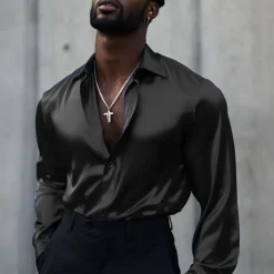 New OUKU Men's Shirt Satin Shirt Casual Shirt Button Up Shirt Plain Wedding Vacation Black White Wine Blue Long Sleeve Lapel Spring & Fall Clothing Apparel Buttons