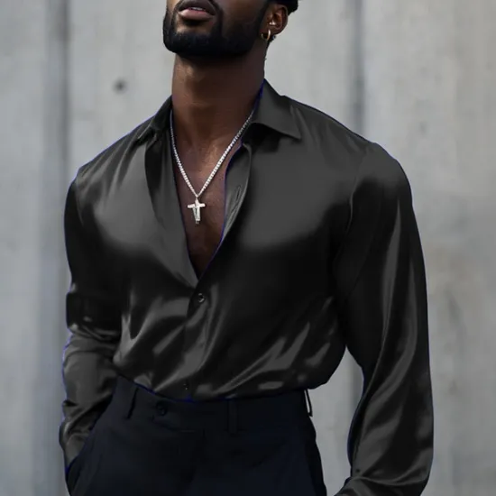 New OUKU Men's Shirt Satin Shirt Casual Shirt Button Up Shirt Plain Wedding Vacation Black White Wine Blue Long Sleeve Lapel Spring & Fall Clothing Apparel Buttons