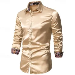 Outlet OUKU Men's Shirt Satin Shirt Casual Shirt Button Up Shirt Paisley Wedding Vacation Black Champagne Navy Blue Long Sleeve Collar Spring & Fall Clothing Apparel
