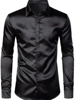Online OUKU Men's Shirt Satin Shirt Casual Shirt Button Up Shirt Plain Wedding Vacation Black White Wine Blue Long Sleeve Lapel Spring & Summer Clothing Apparel