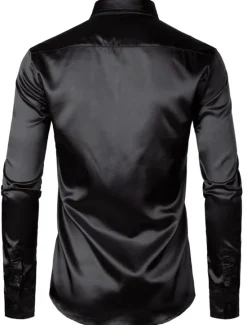 Online OUKU Men's Shirt Satin Shirt Casual Shirt Button Up Shirt Plain Wedding Vacation Black White Wine Blue Long Sleeve Lapel Spring & Summer Clothing Apparel