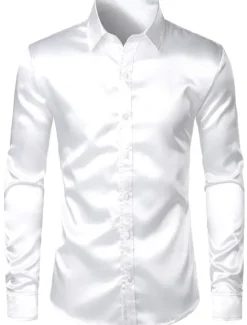 Online OUKU Men's Shirt Satin Shirt Casual Shirt Button Up Shirt Plain Wedding Vacation Black White Wine Blue Long Sleeve Lapel Spring & Summer Clothing Apparel