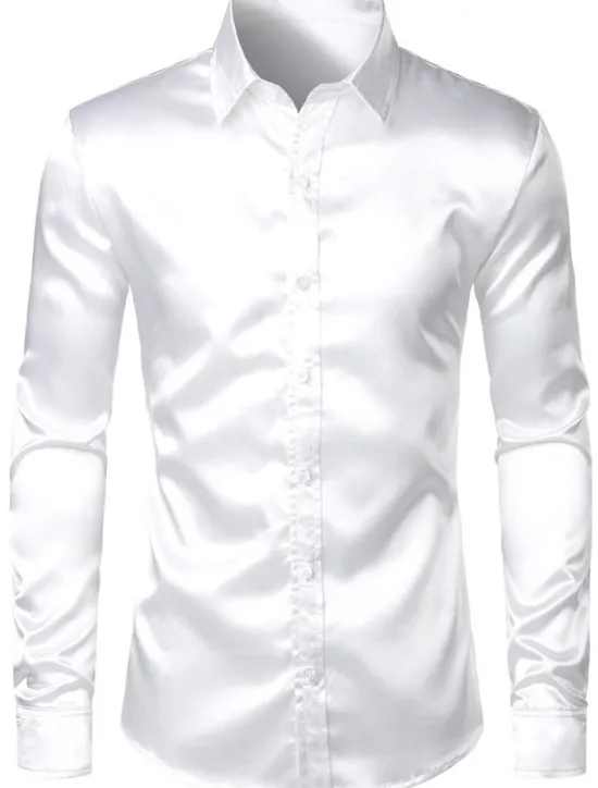 Online OUKU Men's Shirt Satin Shirt Casual Shirt Button Up Shirt Plain Wedding Vacation Black White Wine Blue Long Sleeve Lapel Spring & Summer Clothing Apparel