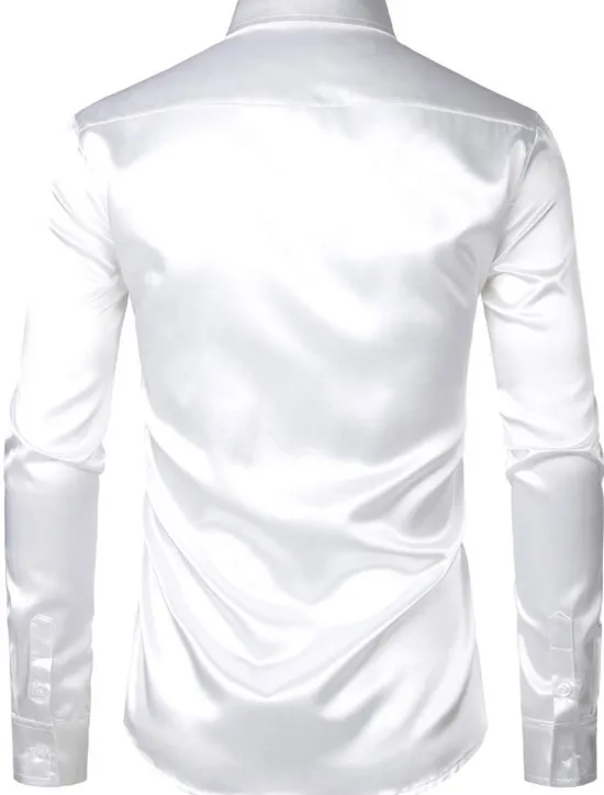 Online OUKU Men's Shirt Satin Shirt Casual Shirt Button Up Shirt Plain Wedding Vacation Black White Wine Blue Long Sleeve Lapel Spring & Summer Clothing Apparel