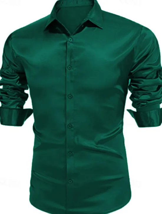 Online OUKU Men's Shirt Satin Shirt Casual Shirt Button Up Shirt Plain Wedding Vacation Black White Wine Blue Long Sleeve Lapel Spring & Summer Clothing Apparel