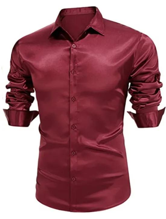 Online OUKU Men's Shirt Satin Shirt Casual Shirt Button Up Shirt Plain Wedding Vacation Black White Wine Blue Long Sleeve Lapel Spring & Summer Clothing Apparel