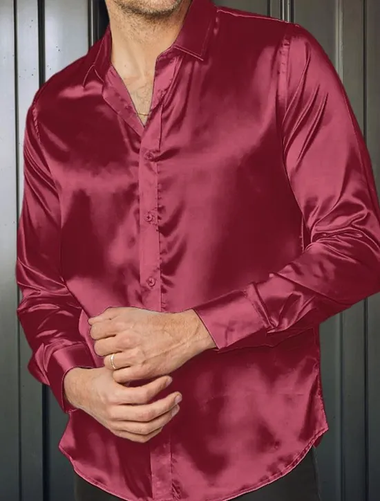 Clearance OUKU Men's Shirt Satin Shirt Casual Shirt Button Up Shirt Plain Wedding Vacation Black White Blue Red Long Sleeve Lapel Spring & Summer Clothing Apparel