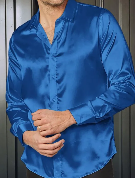 Clearance OUKU Men's Shirt Satin Shirt Casual Shirt Button Up Shirt Plain Wedding Vacation Black White Blue Red Long Sleeve Lapel Spring & Summer Clothing Apparel