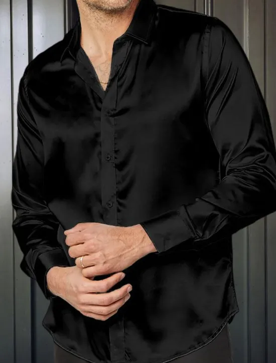 Clearance OUKU Men's Shirt Satin Shirt Casual Shirt Button Up Shirt Plain Wedding Vacation Black White Blue Red Long Sleeve Lapel Spring & Summer Clothing Apparel