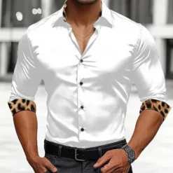 Clearance OUKU Men's Shirt Satin Shirt Casual Shirt Button Up Shirt Leopard Wedding Vacation Black White Wine Green Long Sleeve Lapel Spring & Fall Clothing Apparel Patchwork