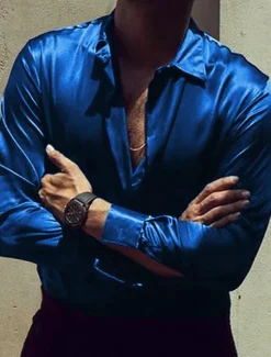 New OUKU Men's Shirt Satin Shirt Casual Shirt Button Up Shirt Plain Wedding Vacation Black White Wine Blue Long Sleeve Turndown Summer Spring & Fall Clothing Apparel
