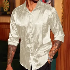 Discount OUKU Men's Shirt Satin Shirt Casual Shirt Button Up Shirt Floral Wedding Vacation Red Green Beige Long Sleeve Collar Winter Spring & Summer Clothing Apparel