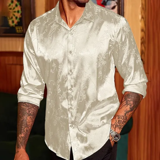 Discount OUKU Men's Shirt Satin Shirt Casual Shirt Button Up Shirt Floral Wedding Vacation Red Green Beige Long Sleeve Collar Winter Spring & Summer Clothing Apparel